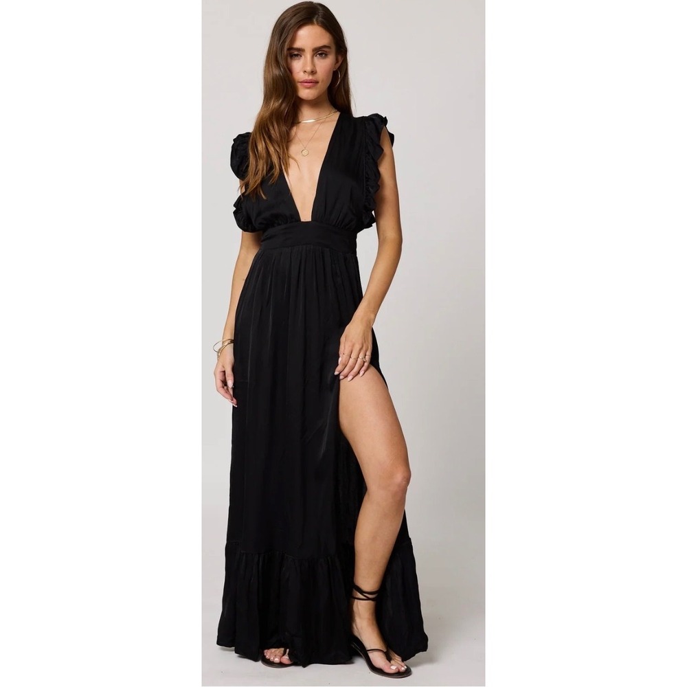 Stillwater What If Black Ruffle Sleeve Deep V-Neck Maxi Dress Small Cupro Jessie